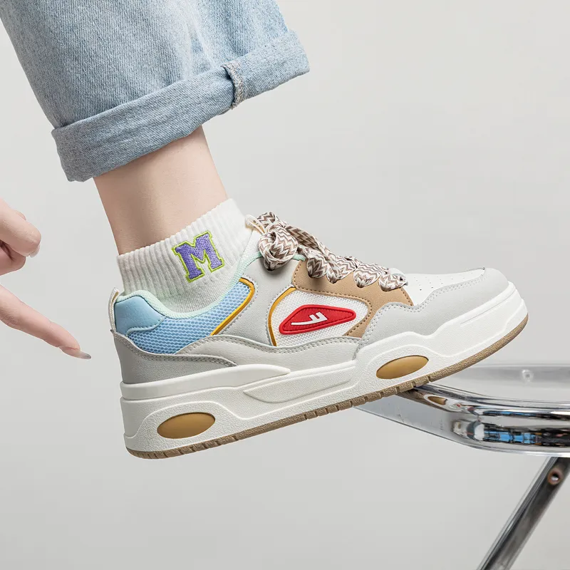 Warrior Preppy Style White Sneakers Wear resistant And Lightweight Low Top Skateboard Shoes Women's Beige Brown Blue-10