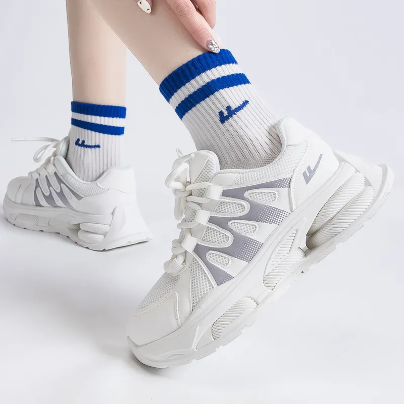 Warrior Students Platform Chunky Sneakers Lightweight And Breathable Low Top Casual Shoes Unisex White Silver-8