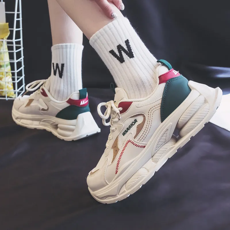 Warrior Students Platform Chunky Sneakers Wear resistant And Lightweight Low Top Casual Shoes Women's Beige Green Red-9