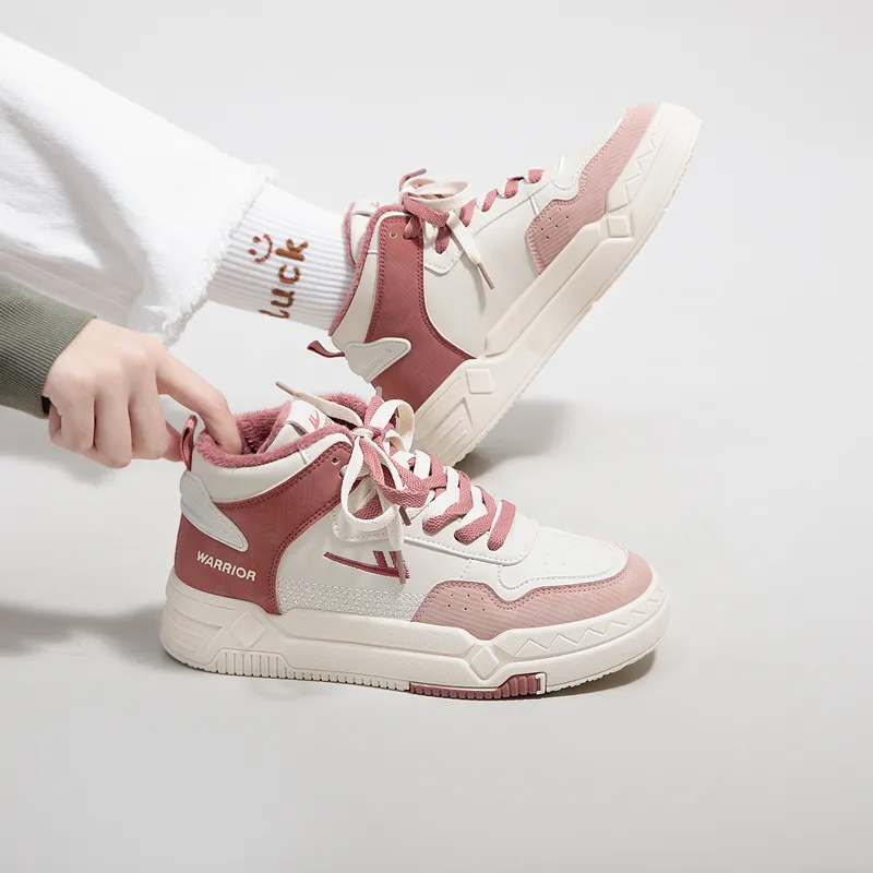 Warrior Fleece Lined Cotton Blend Warm Wear Resistant Lightweight High Top Skateboard Shoes Women's Beige Pink-5