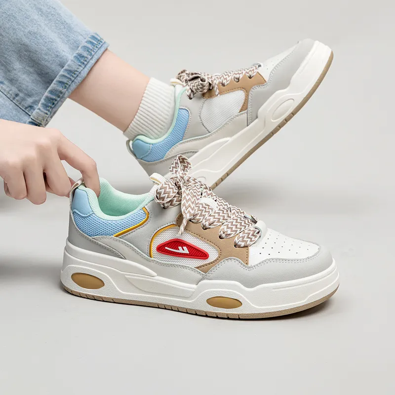 Warrior Preppy Style White Sneakers Wear resistant And Lightweight Low Top Skateboard Shoes Women's Beige Brown Blue-6