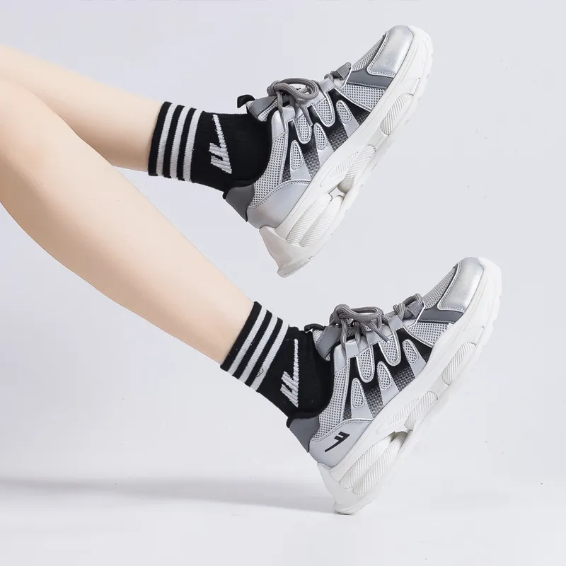Warrior Students Platform Chunky Sneakers Lightweight And Breathable Low Top Casual Shoes Unisex Silver Black-7