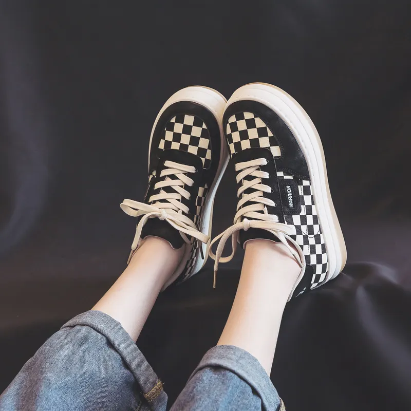 Warrior Checkerboard White Sneakers Lightweight Low Top Canvas Shoes Women's Beige Black-10