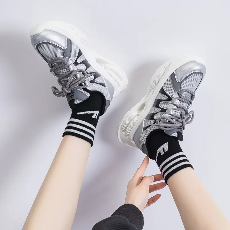 Warrior Students Platform Chunky Sneakers Lightweight And Breathable Low Top Casual Shoes Unisex Silver Black-6