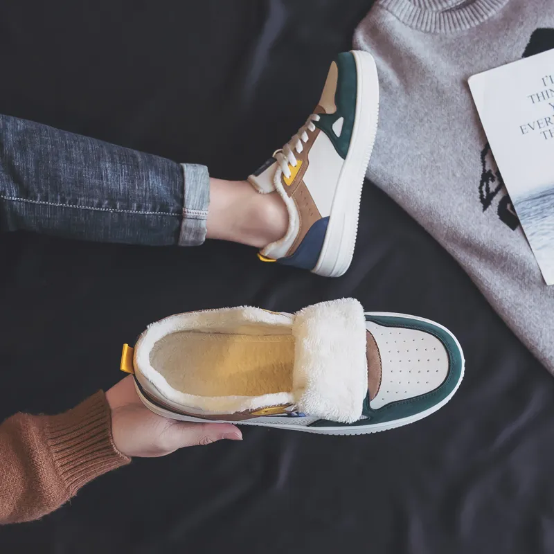 Warrior Fleece Lined White Sneakers Warm And Lightweight Low Top Skateboard Shoes Men's Beige Green-8