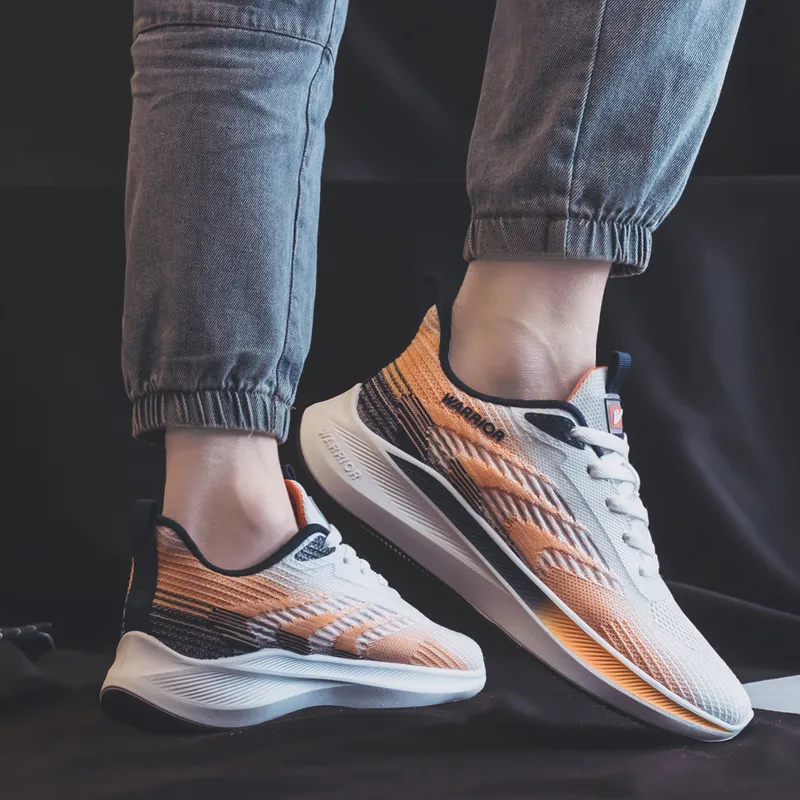 Warrior Students Mesh Sports Running Shoes Lightweight And Breathable Low Top Casual Shoes Men's White Orange Dark Blue-5