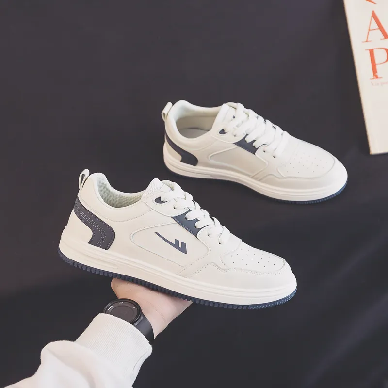 Warrior Casual White Sneakers Durable Lightweight And Breathable Low Top Skateboard Shoes Men's Beige Blue-5