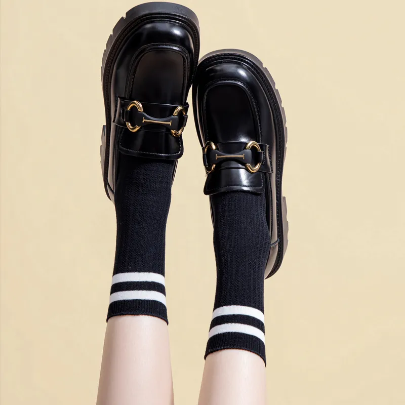 Warrior British Style Small Leather Shoes Loafers Women's Black-5