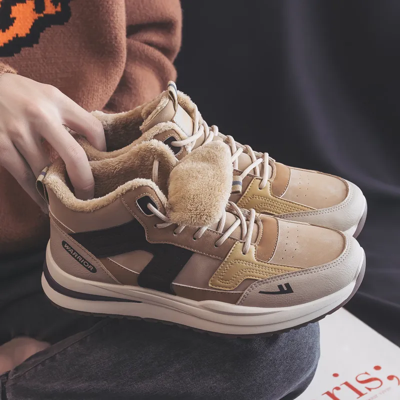 Warrior Thickened And Fleece Lined Padded Shoes Lightweight Wear Resistant And Warm High Top Casual Shoes Men's Khaki-10