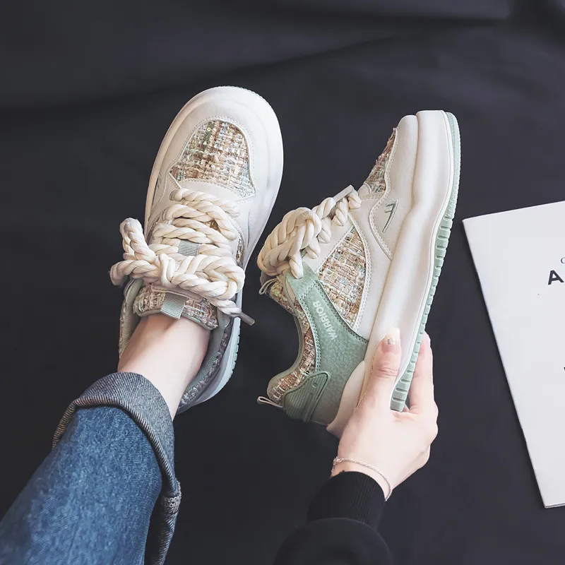 Warrior Chanel Inspired White Sneakers Wear resistant And Lightweight Low Top Skateboard Shoes Women's Beige Green-7
