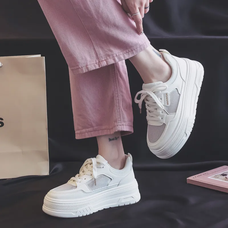 Warrior Student Platform White Sneakers Lightweight And Breathable Low Top Skateboard Shoes Women's Beige-9