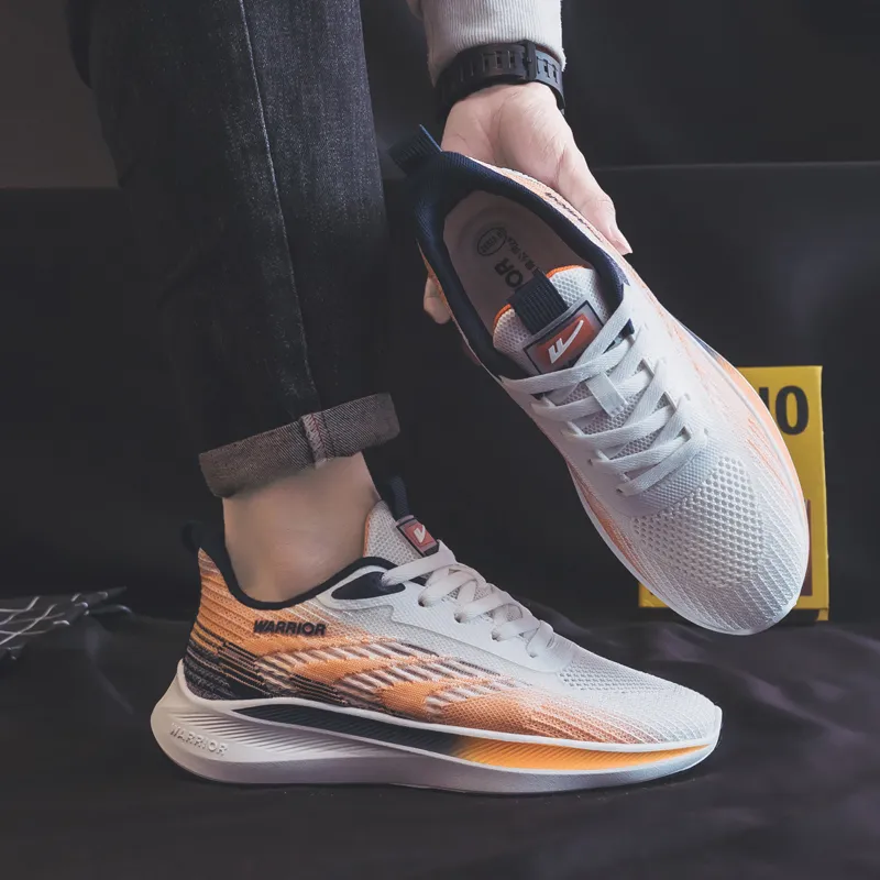Warrior Students Mesh Sports Running Shoes Lightweight And Breathable Low Top Casual Shoes Men's White Orange Dark Blue-6