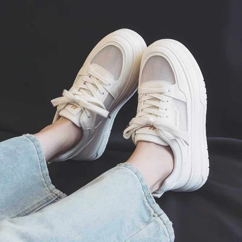 Warrior Student Platform White Sneakers Lightweight And Breathable Low Top Skateboard Shoes Women's Beige-5