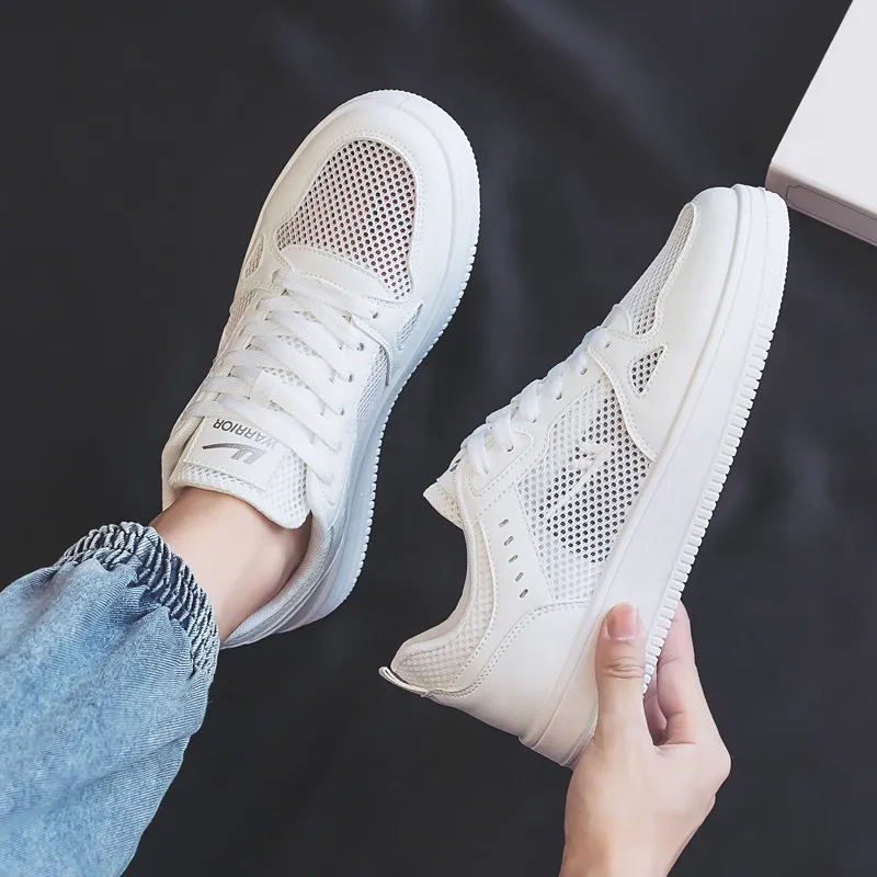 Warrior Mesh Surface White Sneakers Breathable Low Top Skateboard Shoes Men's White-5