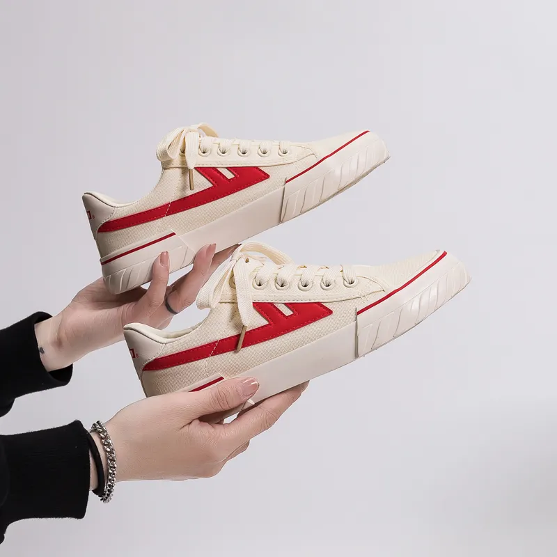 Warrior Ulzzang Trendy Versatile Wear resistant And Lightweight Low Top Canvas Shoes Unisex Beige Red-3