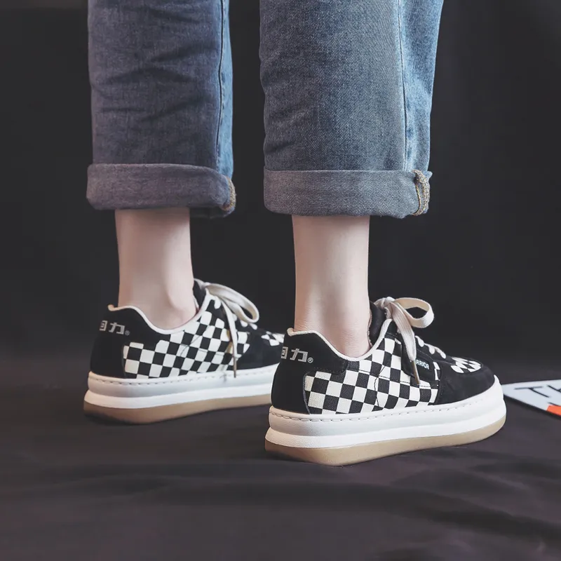 Warrior Checkerboard White Sneakers Lightweight Low Top Canvas Shoes Women's Beige Black-11