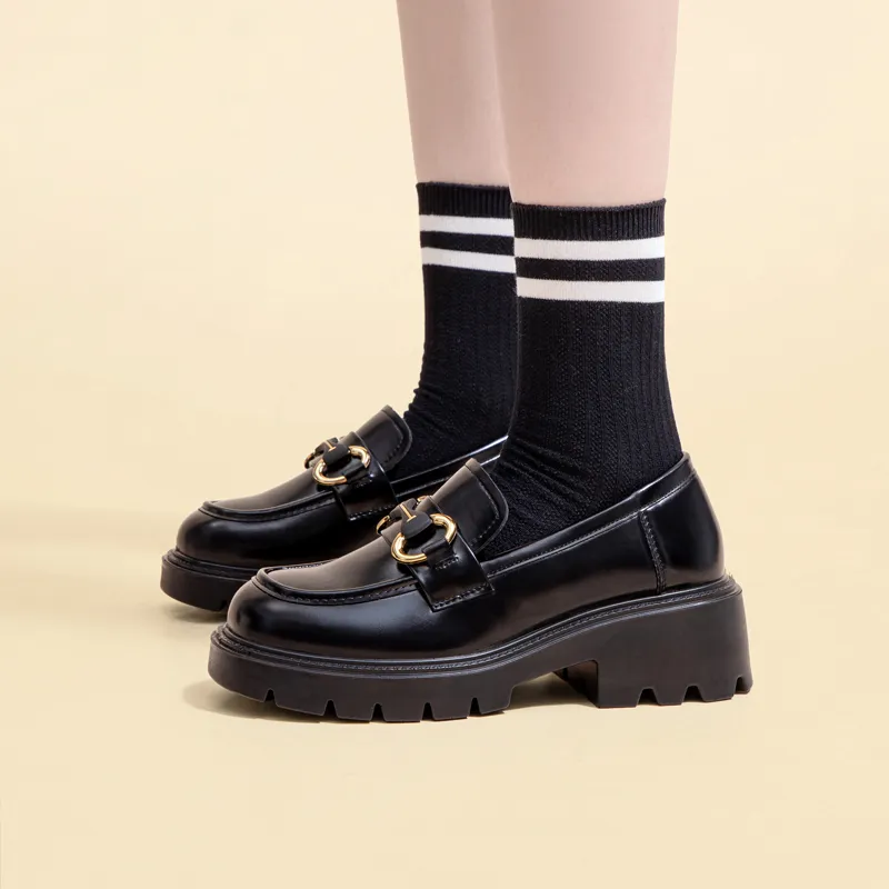 Warrior British Style Small Leather Shoes Loafers Women's Black-7