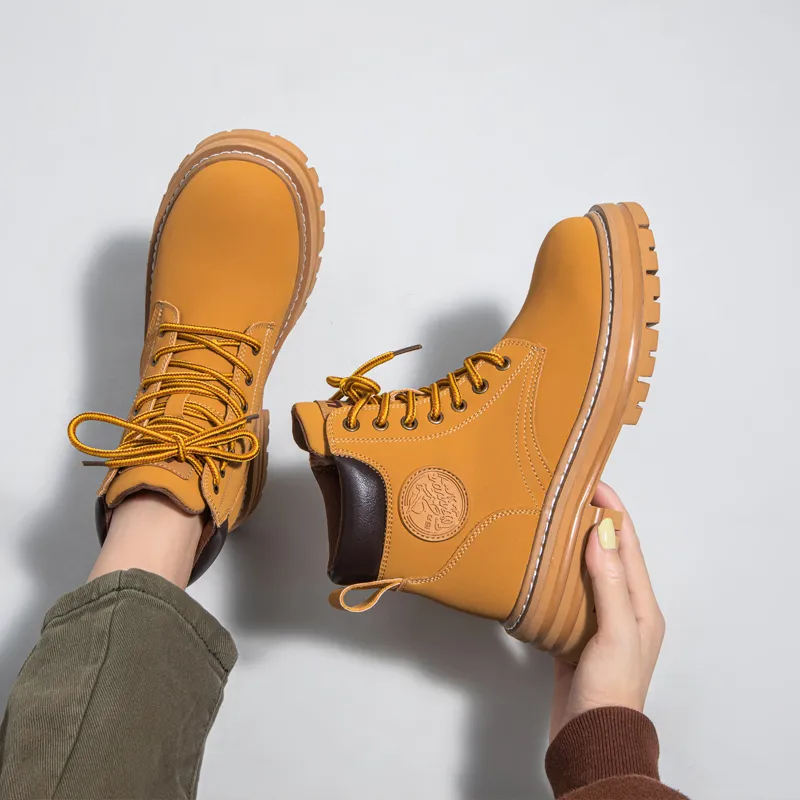 Warrior High Top Casual Versatile Yellow Boots Martin Boot Unisex Camel-5