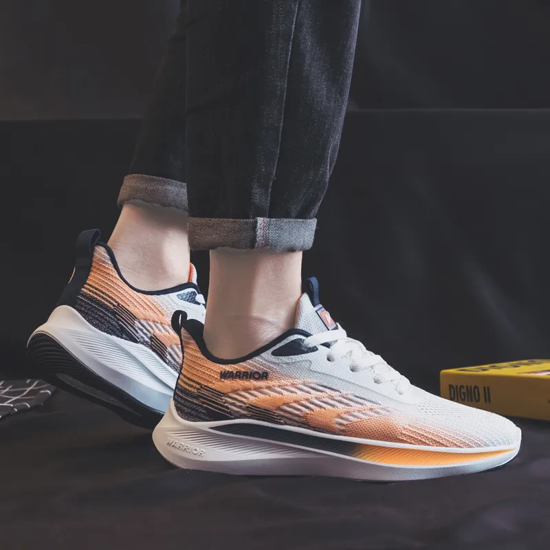 Warrior Students Mesh Sports Running Shoes Lightweight And Breathable Low Top Casual Shoes Men's White Orange Dark Blue-8