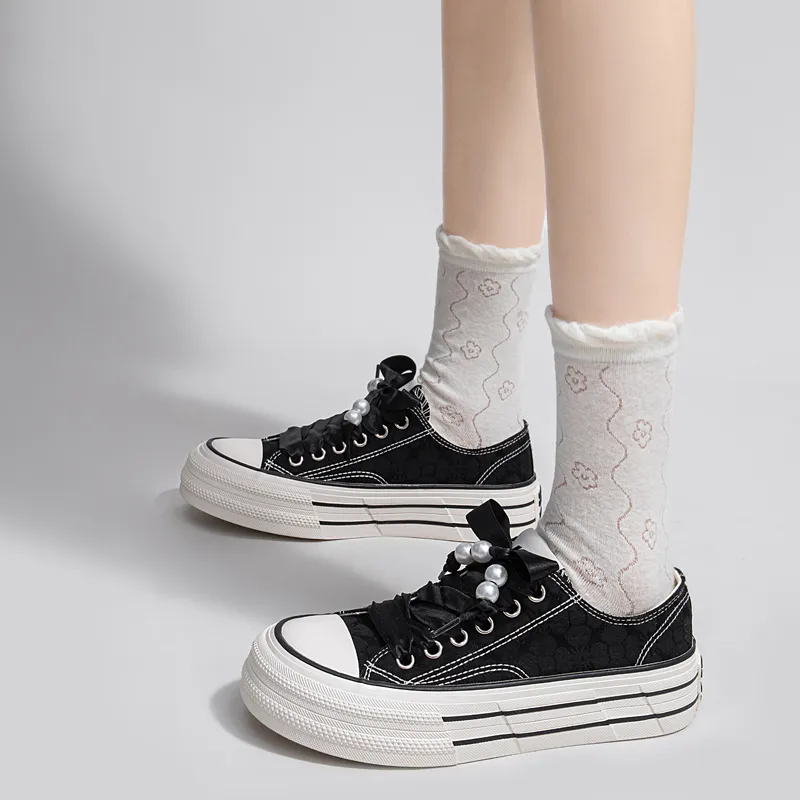 Warrior Platform White Sneakers Canvas Shoes Women's Black-8