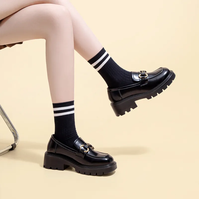 Warrior British Style Small Leather Shoes Loafers Women's Black-8