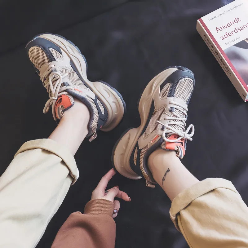Warrior Students Elegance Platform Chunky Sneakers Lightweight Low Top Casual Shoes Women's Khaki Dark Gray-7