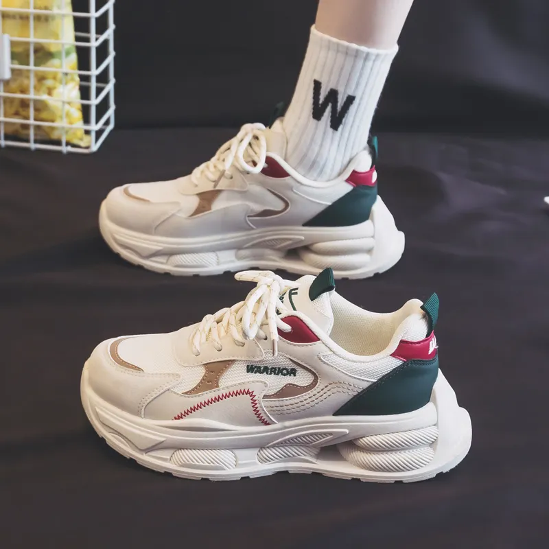 Warrior Students Platform Chunky Sneakers Wear resistant And Lightweight Low Top Casual Shoes Women's Beige Green Red-4
