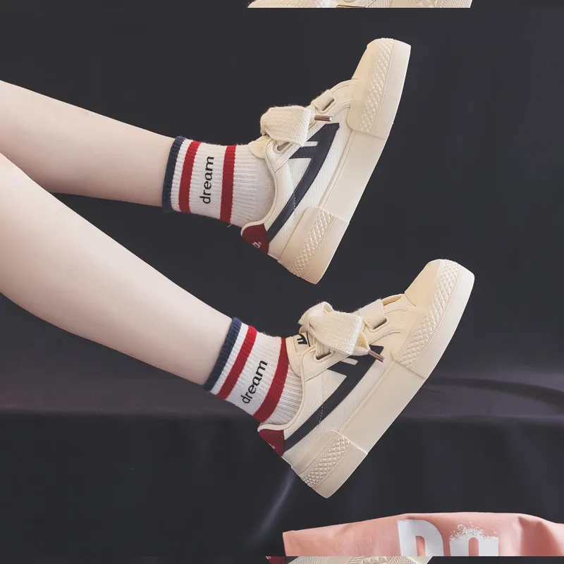 WARRIOR Canvas Shoes Women's Low Top Beige Dark Blue Red-7