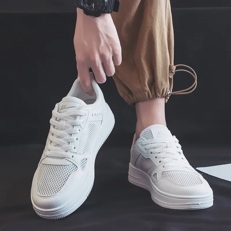 Warrior Mesh Surface White Sneakers Breathable Low Top Skateboard Shoes Men's White-9