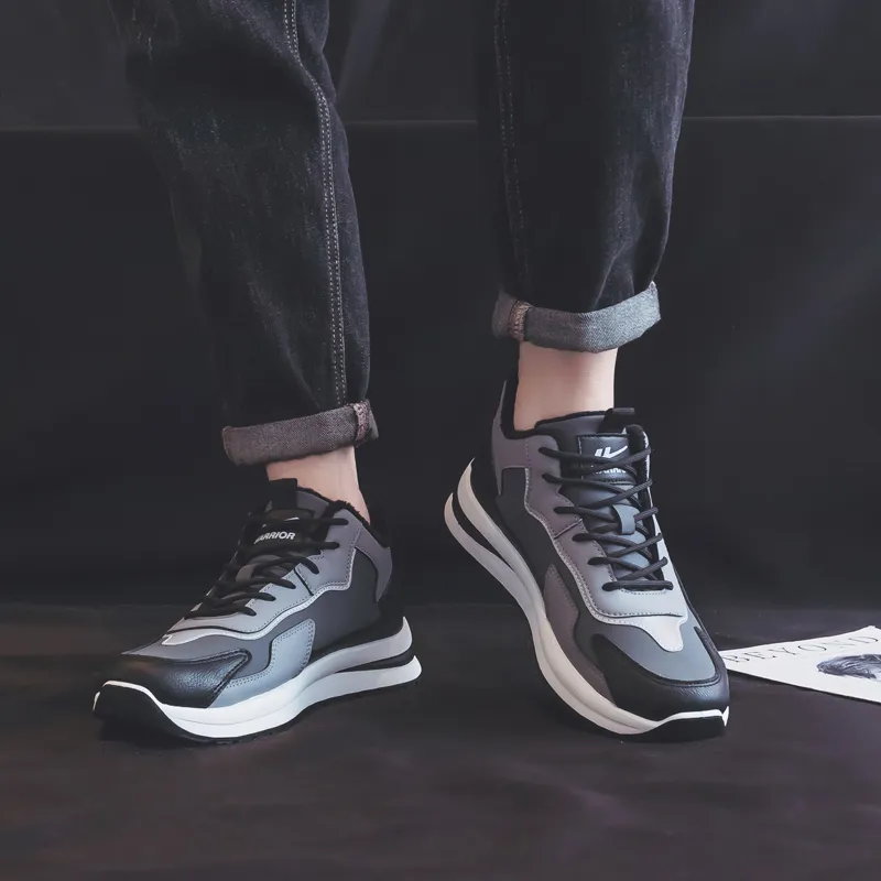 Warrior Warrior Thickened And Fleece Lined Padded Shoes Lightweight Low Top Casual Shoes Men's Black-10