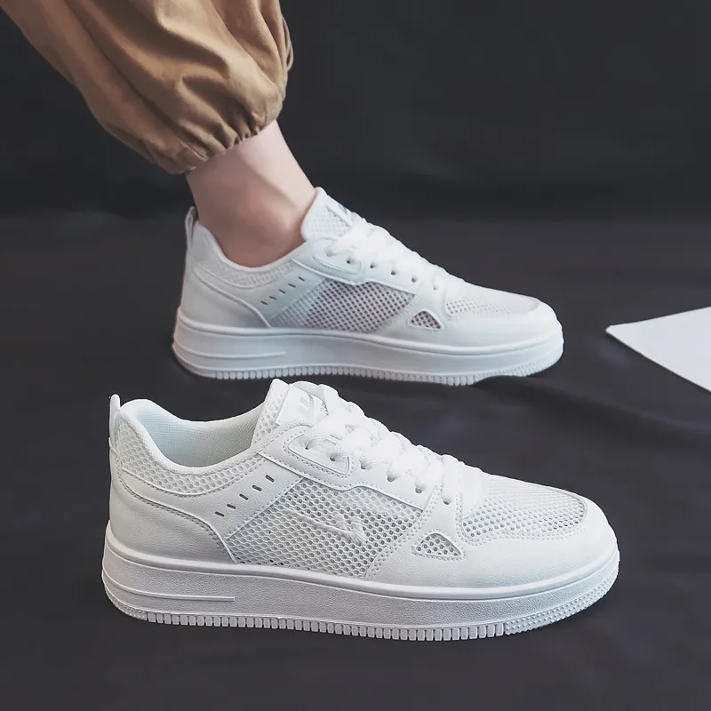 Warrior Mesh Surface White Sneakers Breathable Low Top Skateboard Shoes Men's White-7