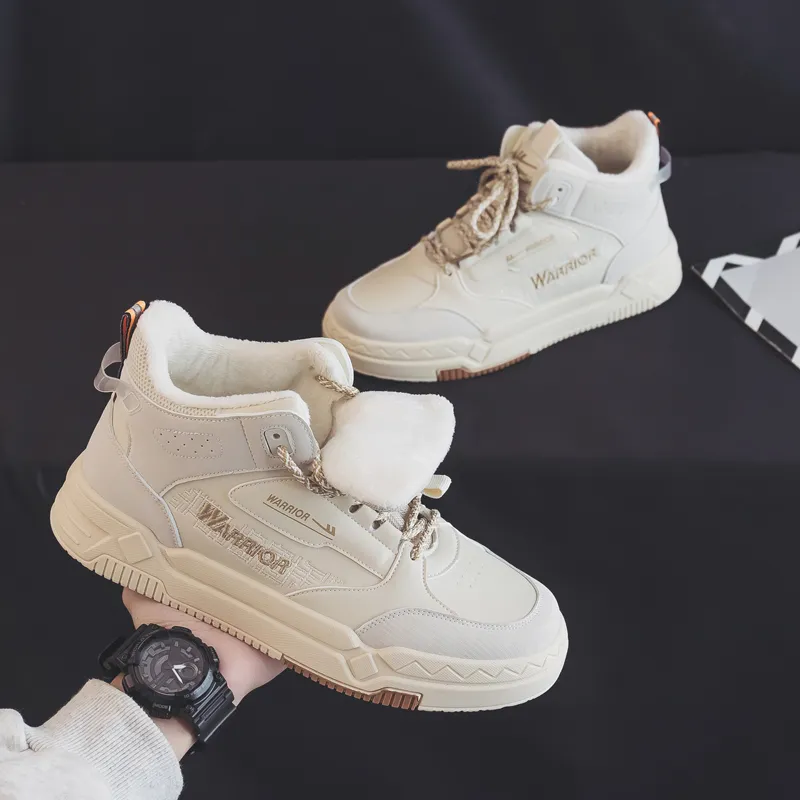 Warrior Thickened And Fleece Lined Cotton Blend Warm High Top Skateboard Shoes Men's Beige-5