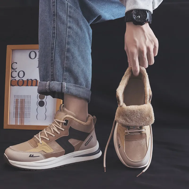 Warrior Thickened And Fleece Lined Padded Shoes Lightweight Wear Resistant And Warm High Top Casual Shoes Men's Khaki-9
