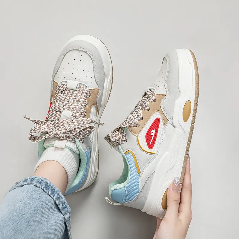 Warrior Preppy Style White Sneakers Wear resistant And Lightweight Low Top Skateboard Shoes Women's Beige Brown Blue-5