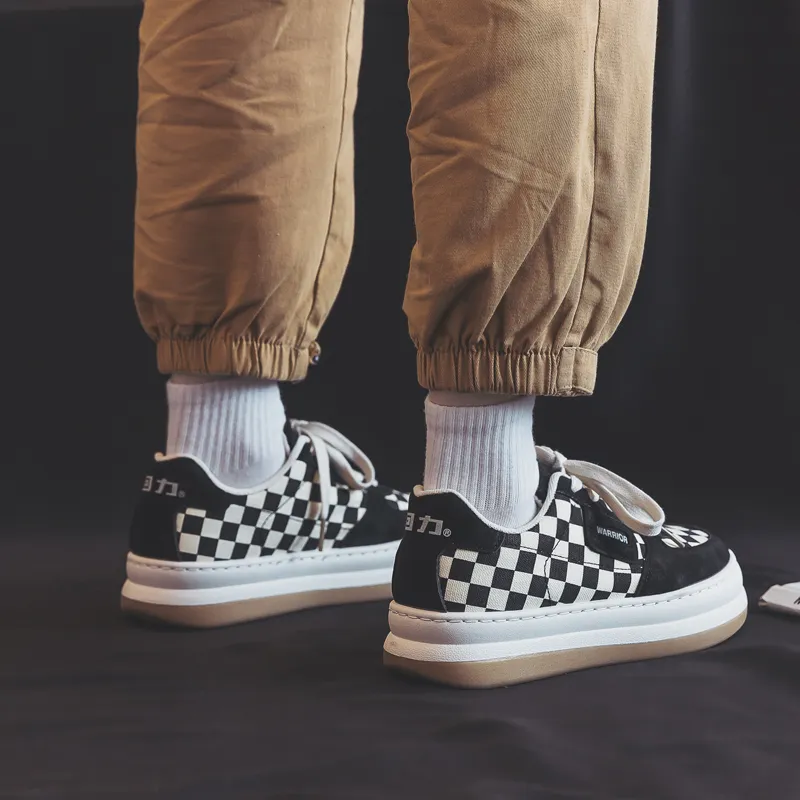 Warrior Checkerboard White Sneakers Lightweight Low Top Canvas Shoes Women's Beige Black-8