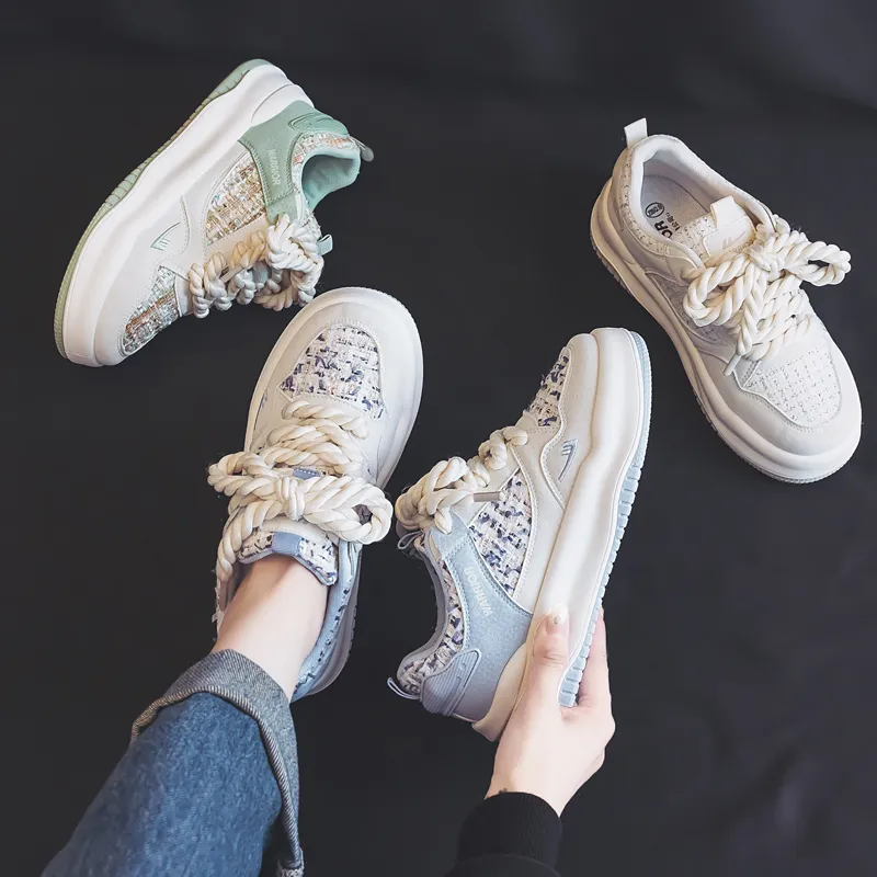 Warrior Chanel Inspired White Sneakers Wear resistant And Lightweight Low Top Skateboard Shoes Women's Beige Green-6