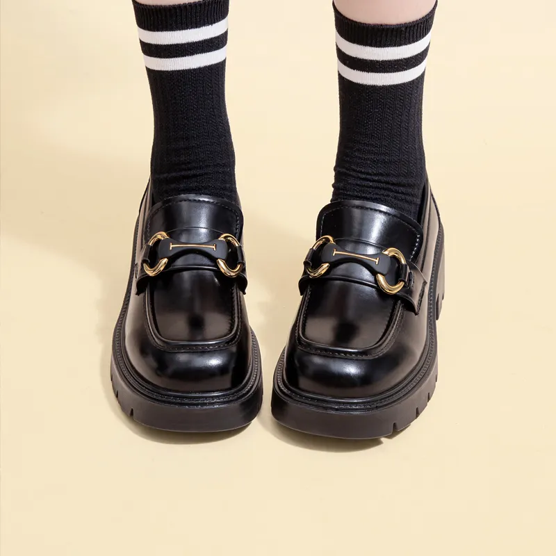 Warrior British Style Small Leather Shoes Loafers Women's Black-6