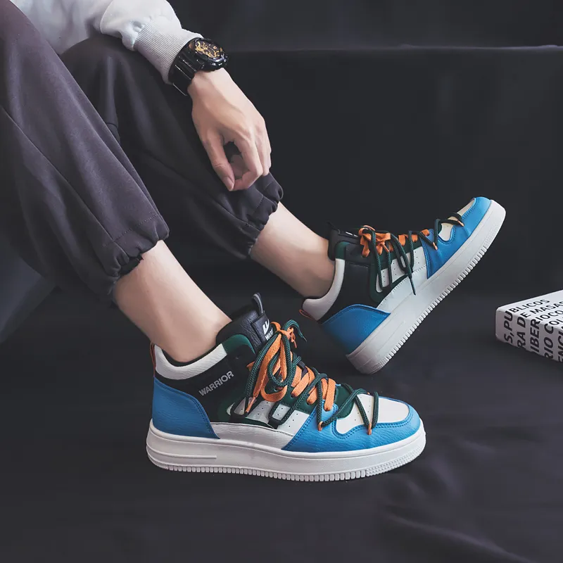 Warrior Wear resistant And Lightweight High Top Skateboard Shoes Men's Blue Orange-7