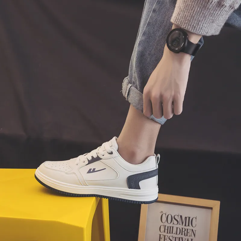 Warrior Casual White Sneakers Durable Lightweight And Breathable Low Top Skateboard Shoes Men's Beige Blue-9