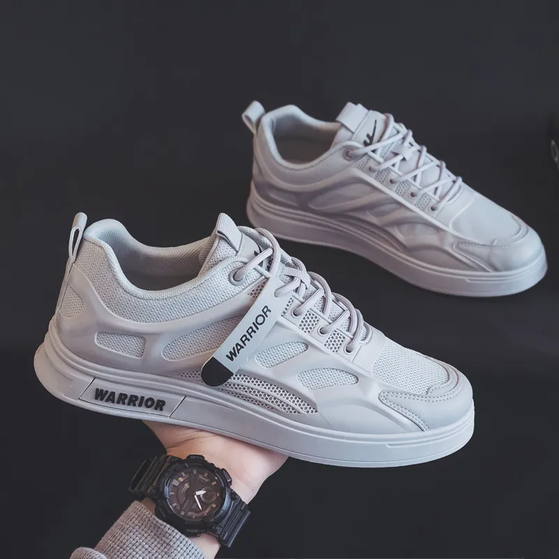 Warrior Mesh Surface White Sneakers Lightweight And Breathable Low Top Skateboard Shoes Men's Gray-4