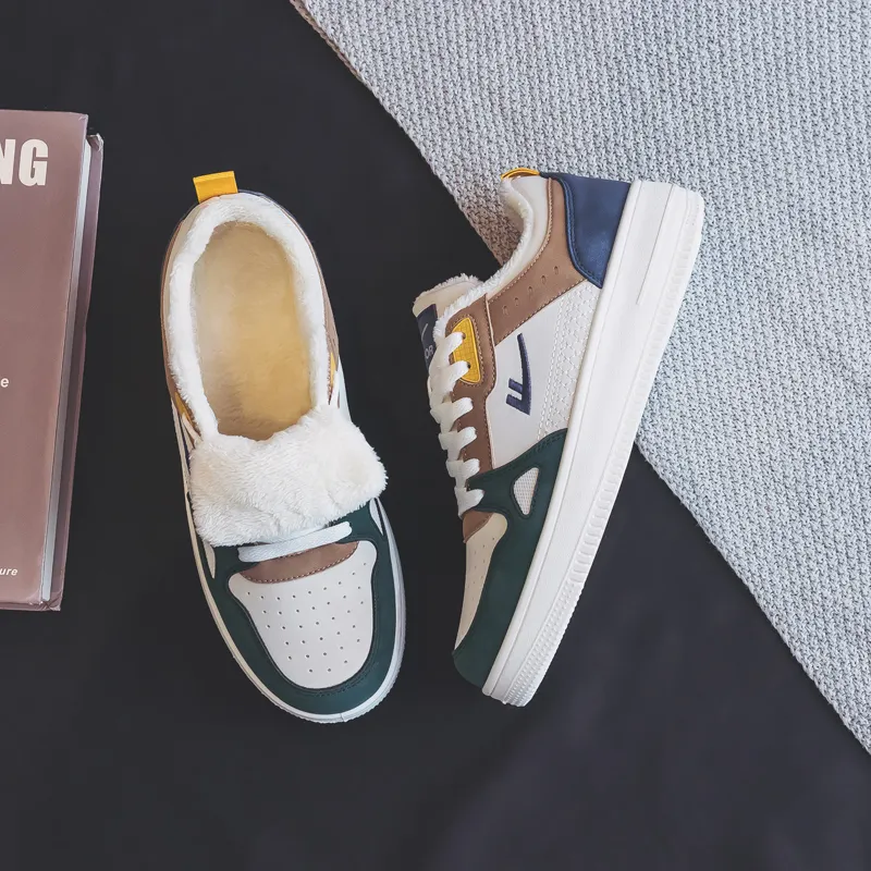 Warrior Fleece Lined White Sneakers Warm And Lightweight Low Top Skateboard Shoes Men's Beige Green-11