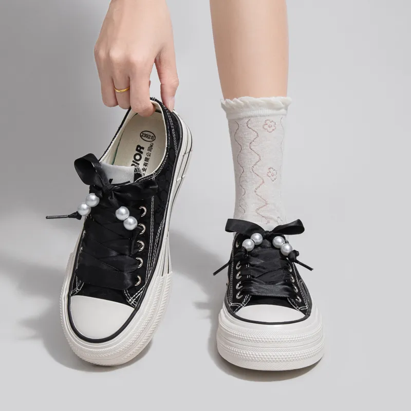 Warrior Platform White Sneakers Canvas Shoes Women's Black-6