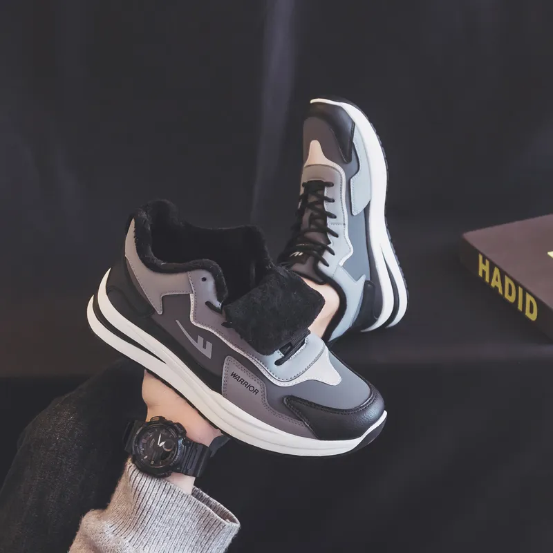 Warrior Warrior Thickened And Fleece Lined Padded Shoes Lightweight Low Top Casual Shoes Men's Black-7