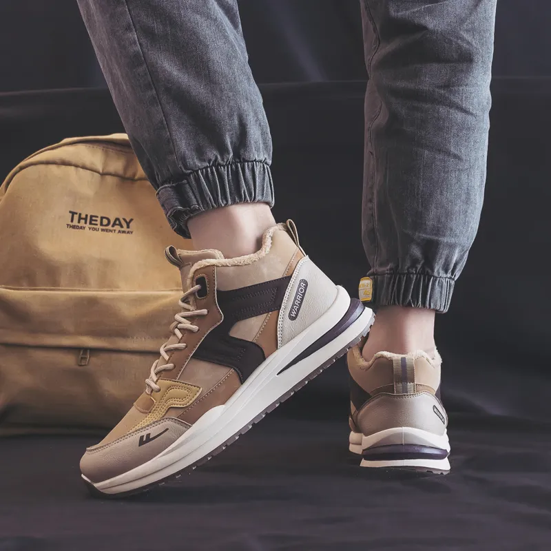 Warrior Thickened And Fleece Lined Padded Shoes Lightweight Wear Resistant And Warm High Top Casual Shoes Men's Khaki-8