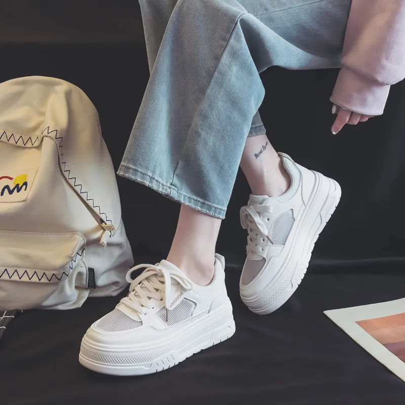 Warrior Student Platform White Sneakers Lightweight And Breathable Low Top Skateboard Shoes Women's Beige-6