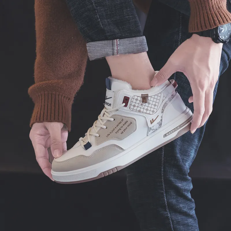 Warrior Thickened And Fleece Lined Cotton Blend Warm And Wear Resistant High Top Skateboard Shoes Men's Beige Khaki-9