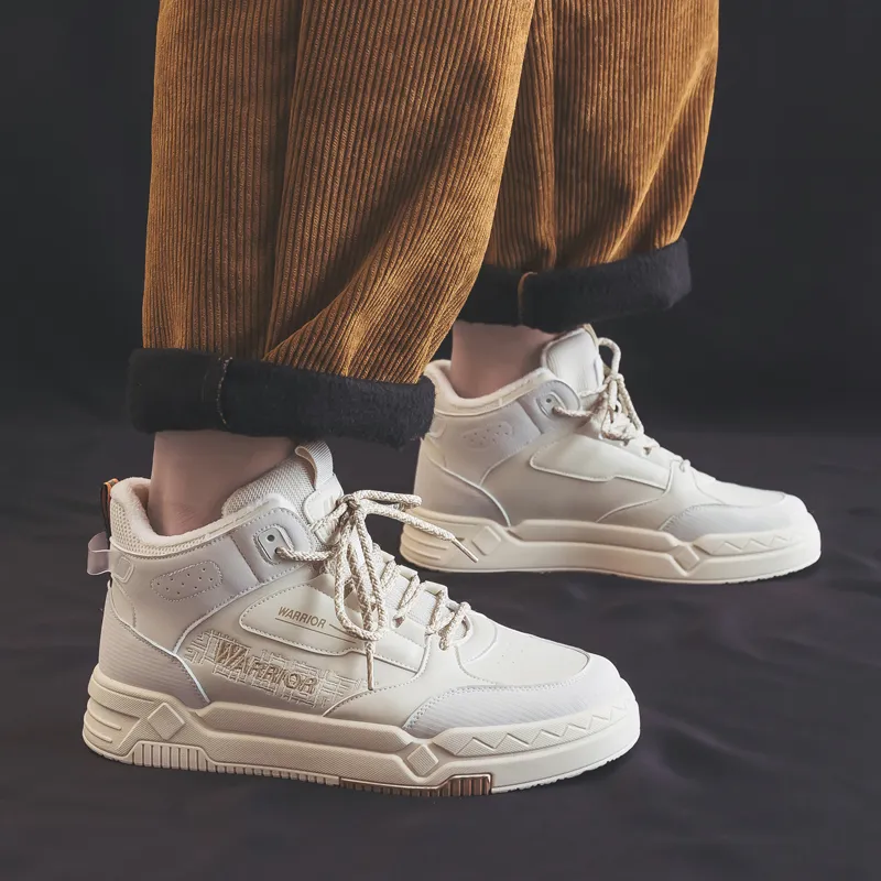 Warrior Thickened And Fleece Lined Cotton Blend Warm High Top Skateboard Shoes Men's Beige-7