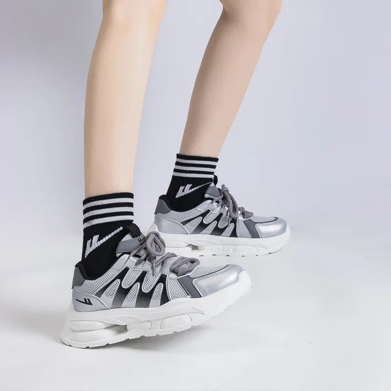 Warrior Students Platform Chunky Sneakers Lightweight And Breathable Low Top Casual Shoes Unisex Silver Black-8