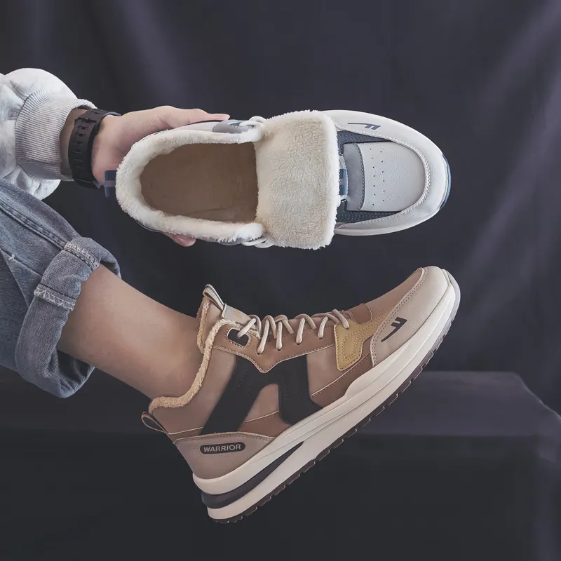 Warrior Thickened And Fleece Lined Padded Shoes Lightweight Wear Resistant And Warm High Top Casual Shoes Men's Khaki-6