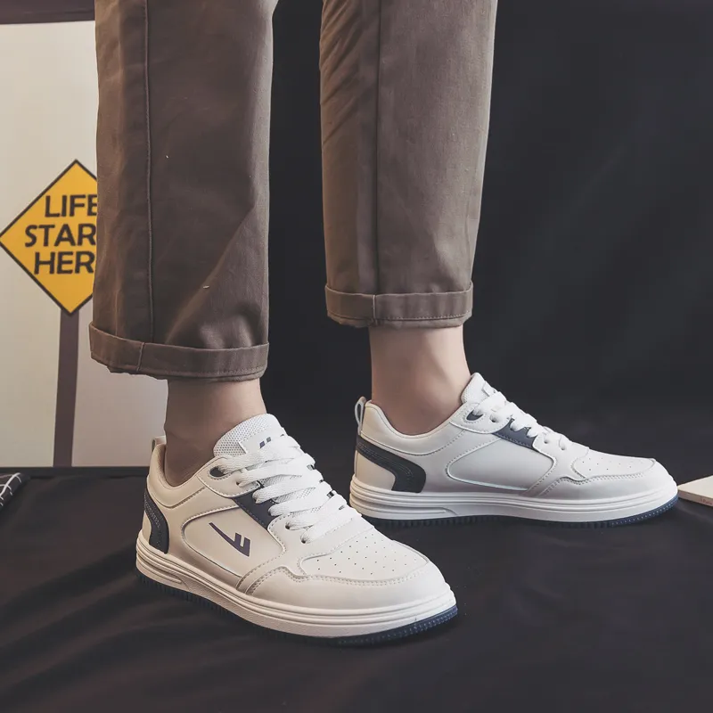 Warrior Casual White Sneakers Durable Lightweight And Breathable Low Top Skateboard Shoes Men's Beige Blue-6